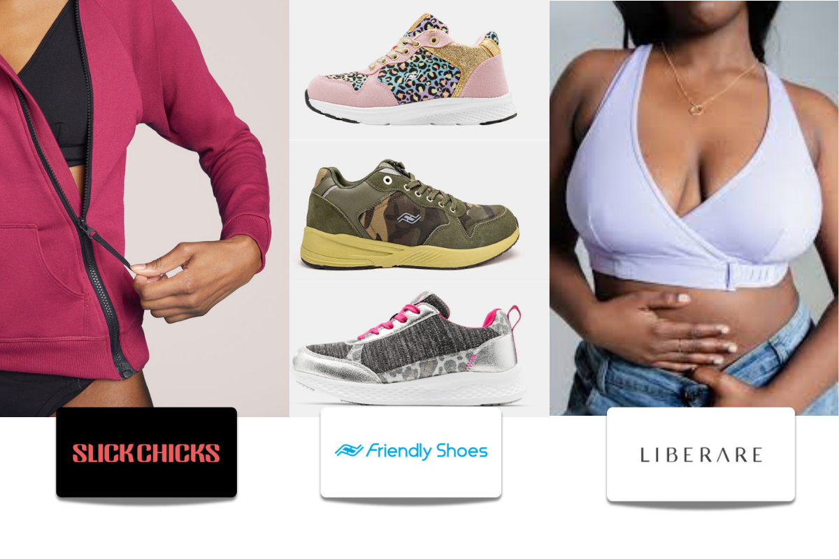 A collage featuring three diverse fashion models, each under a brand logo: Slick chicks, Friendly shoes, and Liberare. The models wear a bra or hoodie and three funky shoes designs are centred.